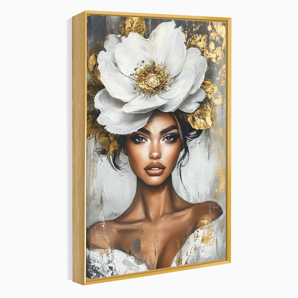 Tablou canvas cu tablou canvas cu portret de femeie si floare, in rama de aluminiu auriu